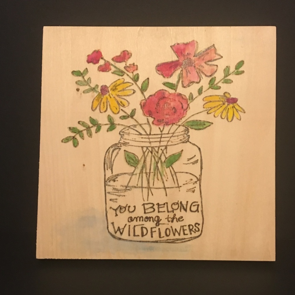 Wood burned plus water color canvas